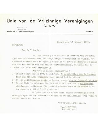 Scan van de uitnodiging van UVV-secretaris Karel Cuypers in aanloop naar de oprichting van UVV op 31 maart 1971.