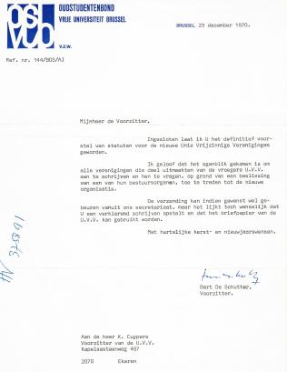 Scan van een brief van OSB-voorzitter Bart De Schutter aan UVV-secretaris Karel Cuypers, 23 december 1970